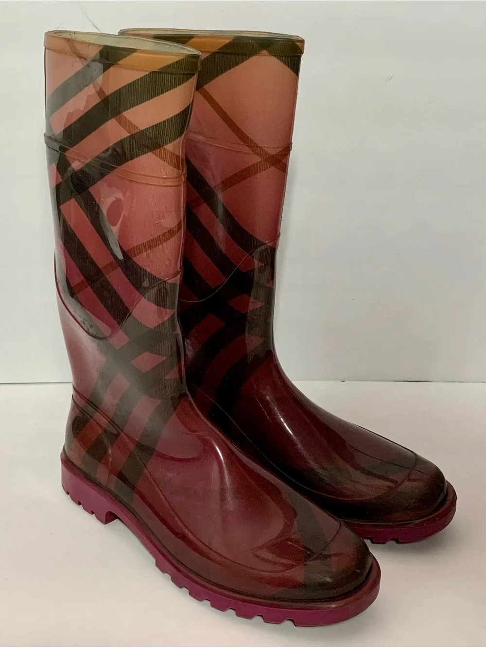 Burberry Burgundy Plaid Rain Boots Women’s Waterproof Rubber